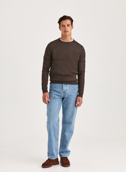 Merino Cable Oneck | Cable Knitted Sweater Dark Brown | Morris