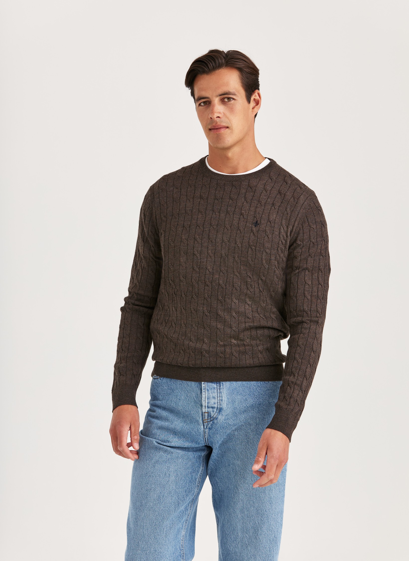 Merino Cable Oneck | Cable Knitted Sweater Dark Brown | Morris