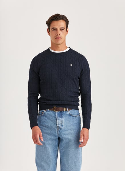 Merino Cable Oneck | Men's Cable Knitted Sweater Navy | Morris