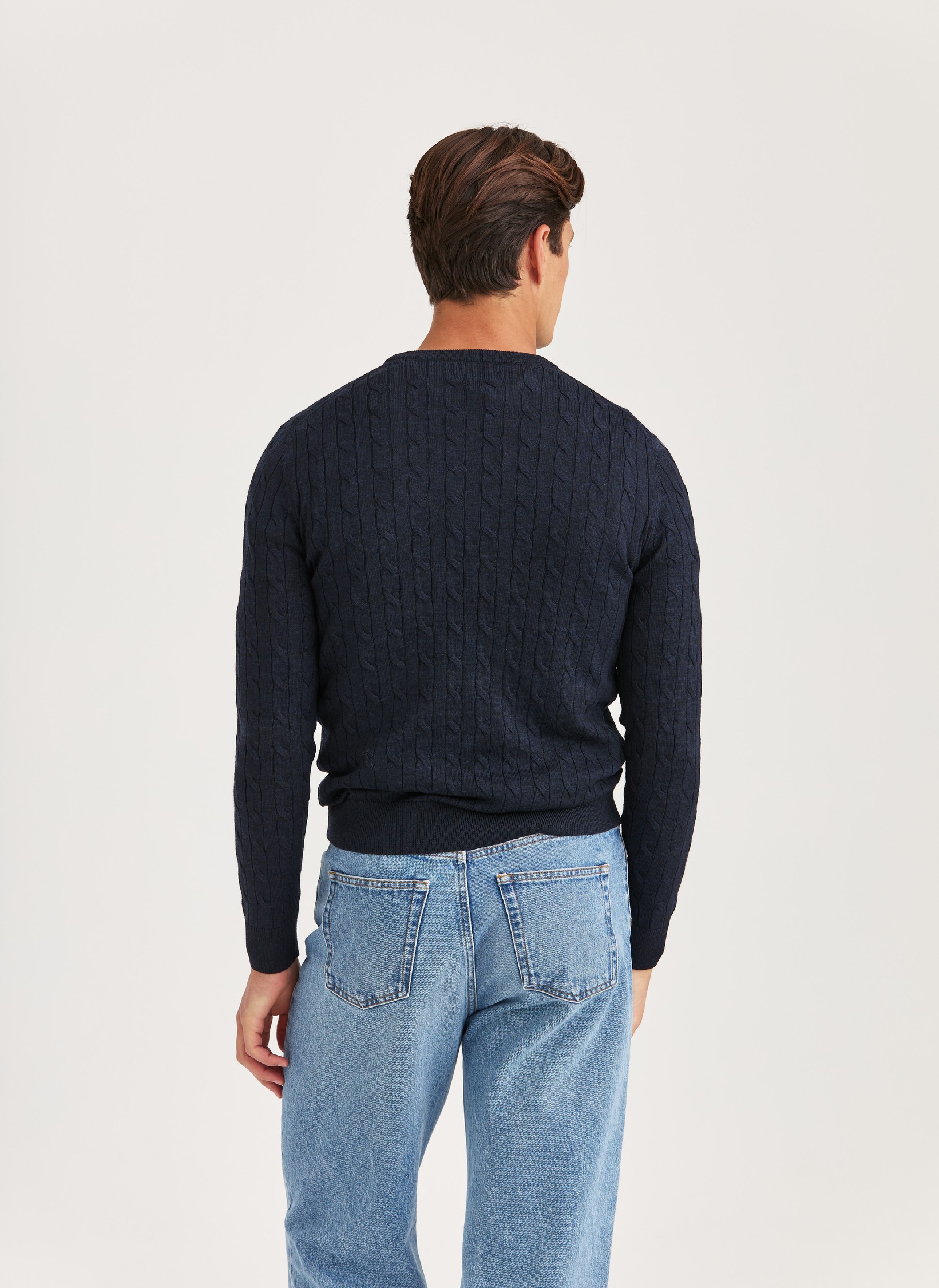 Merino Cable Oneck | Men's Cable Knitted Sweater Navy | Morris