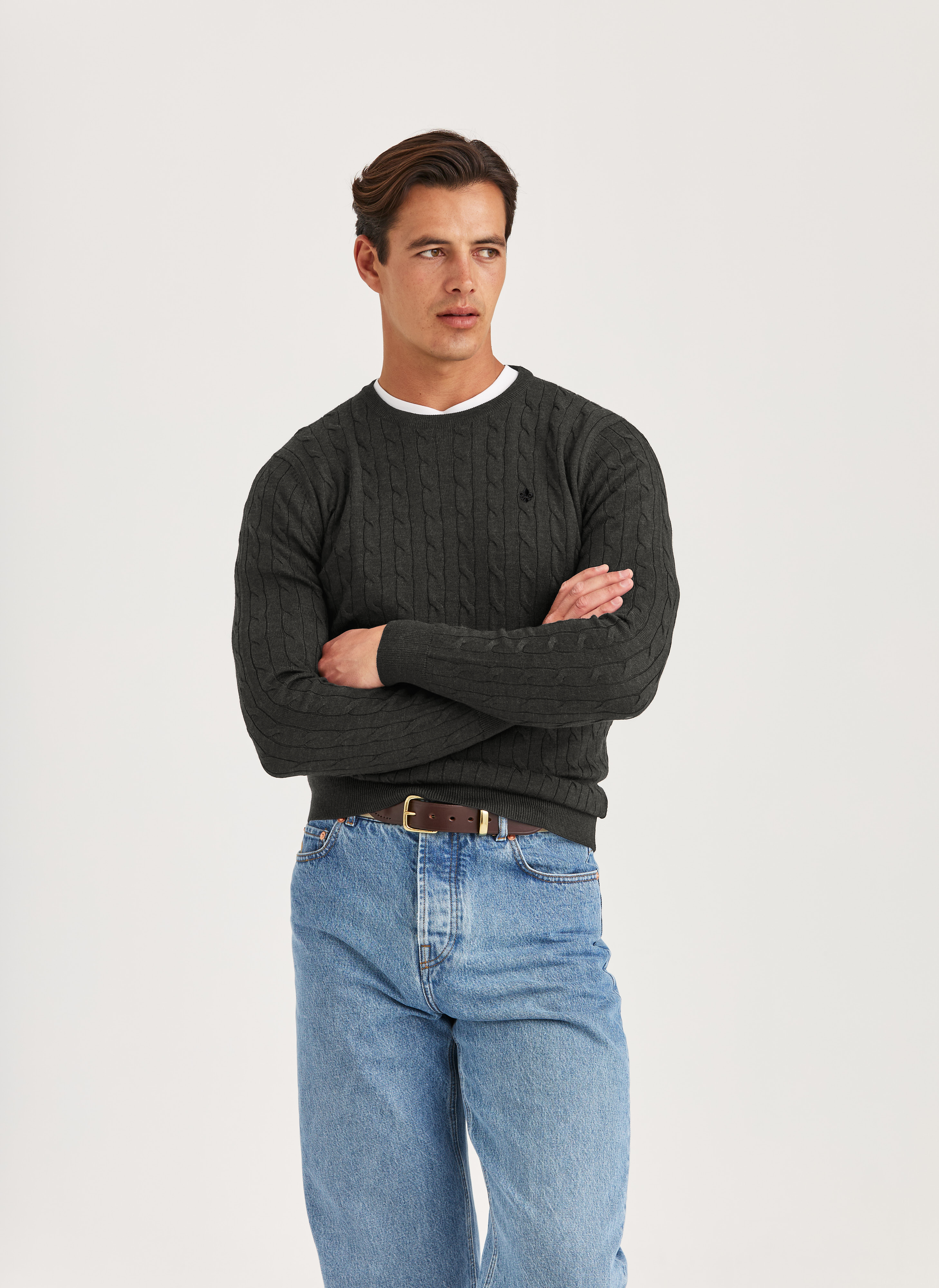 Morris Stockholm Merino Cable Oneck Grey  XXXL