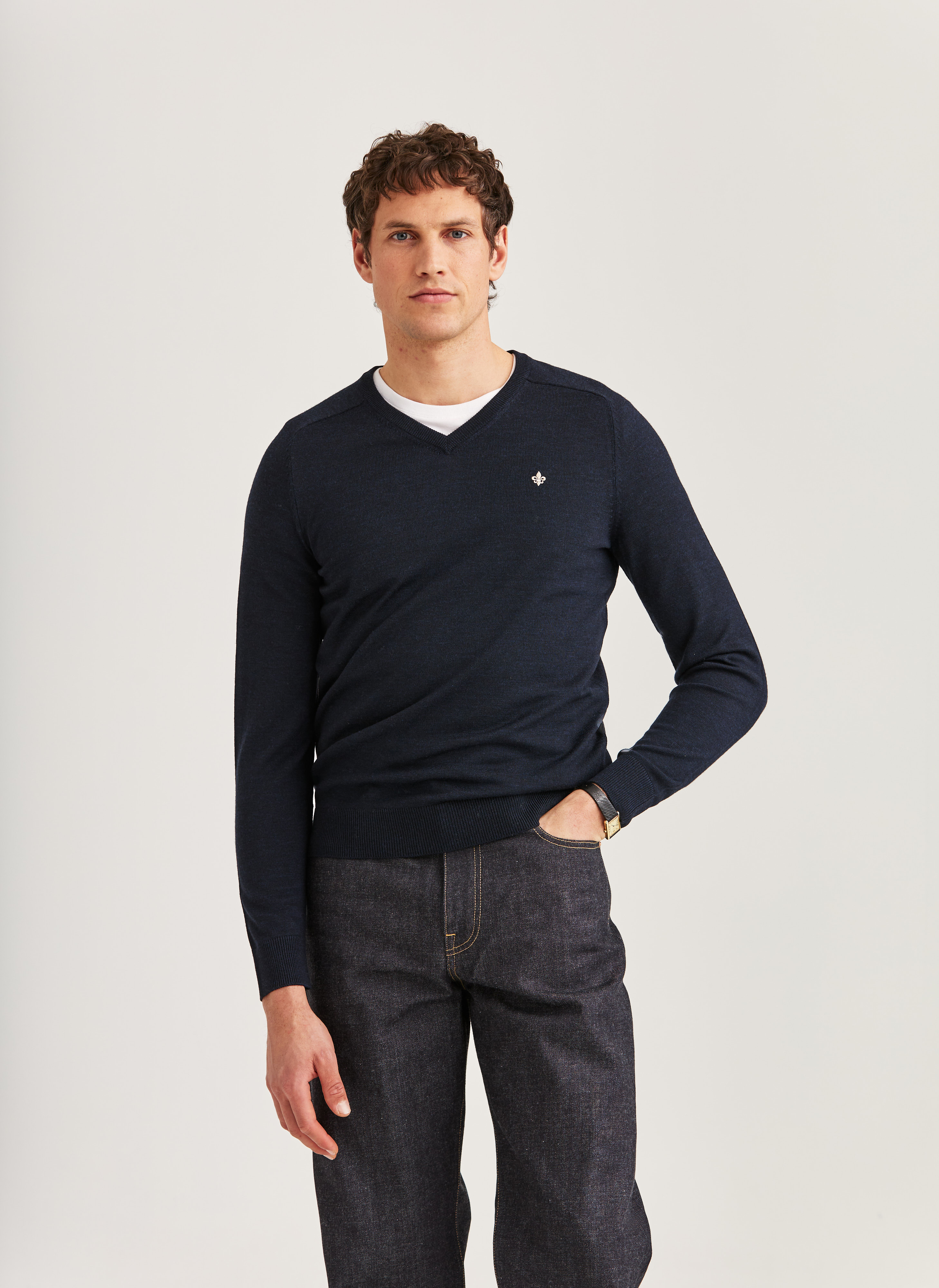 Morris Stockholm Merino Vneck Navy Wool S