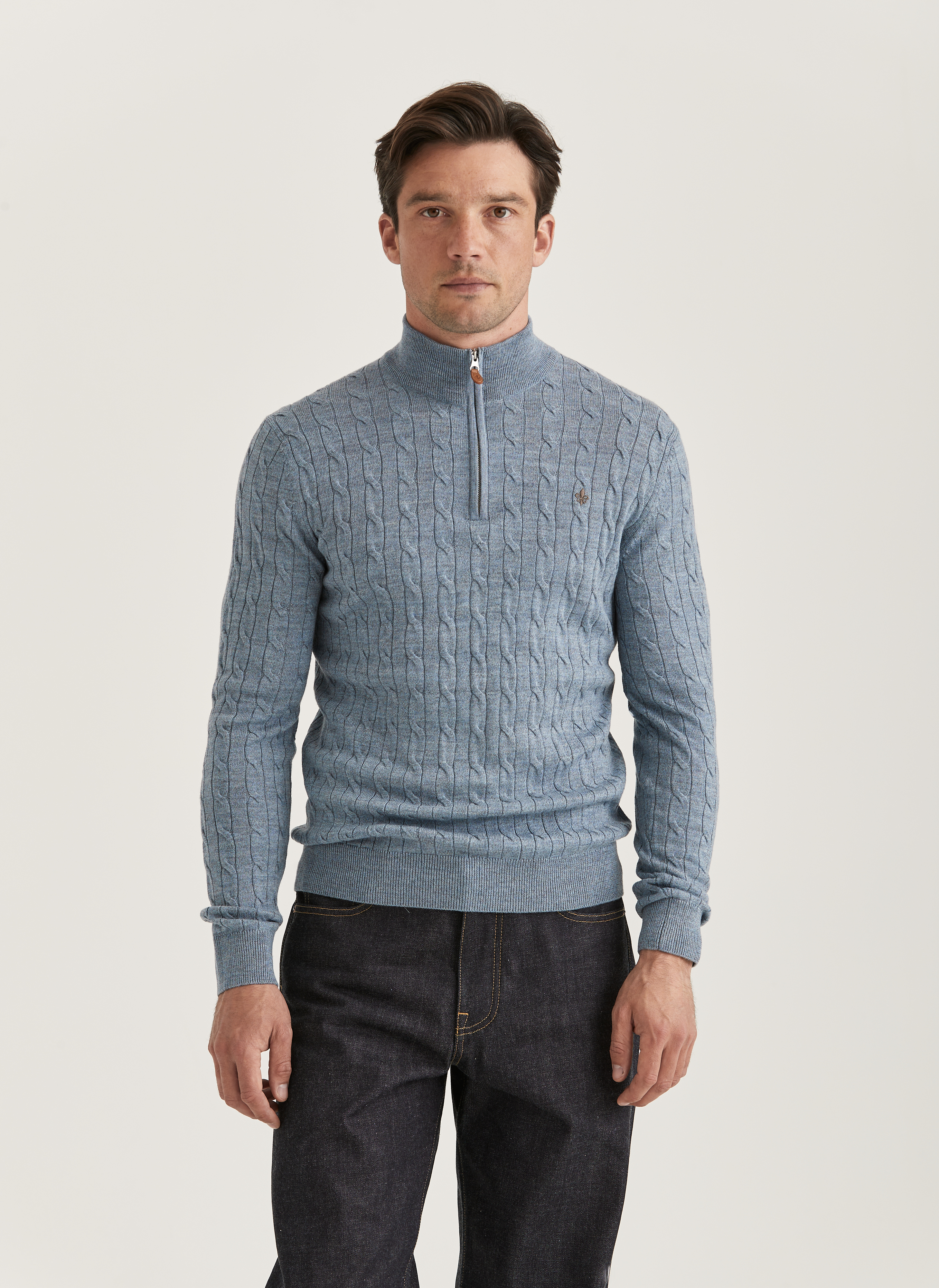 Morris Stockholm-Merino Cable John Zip-Ljusblå-Wool-XXXL