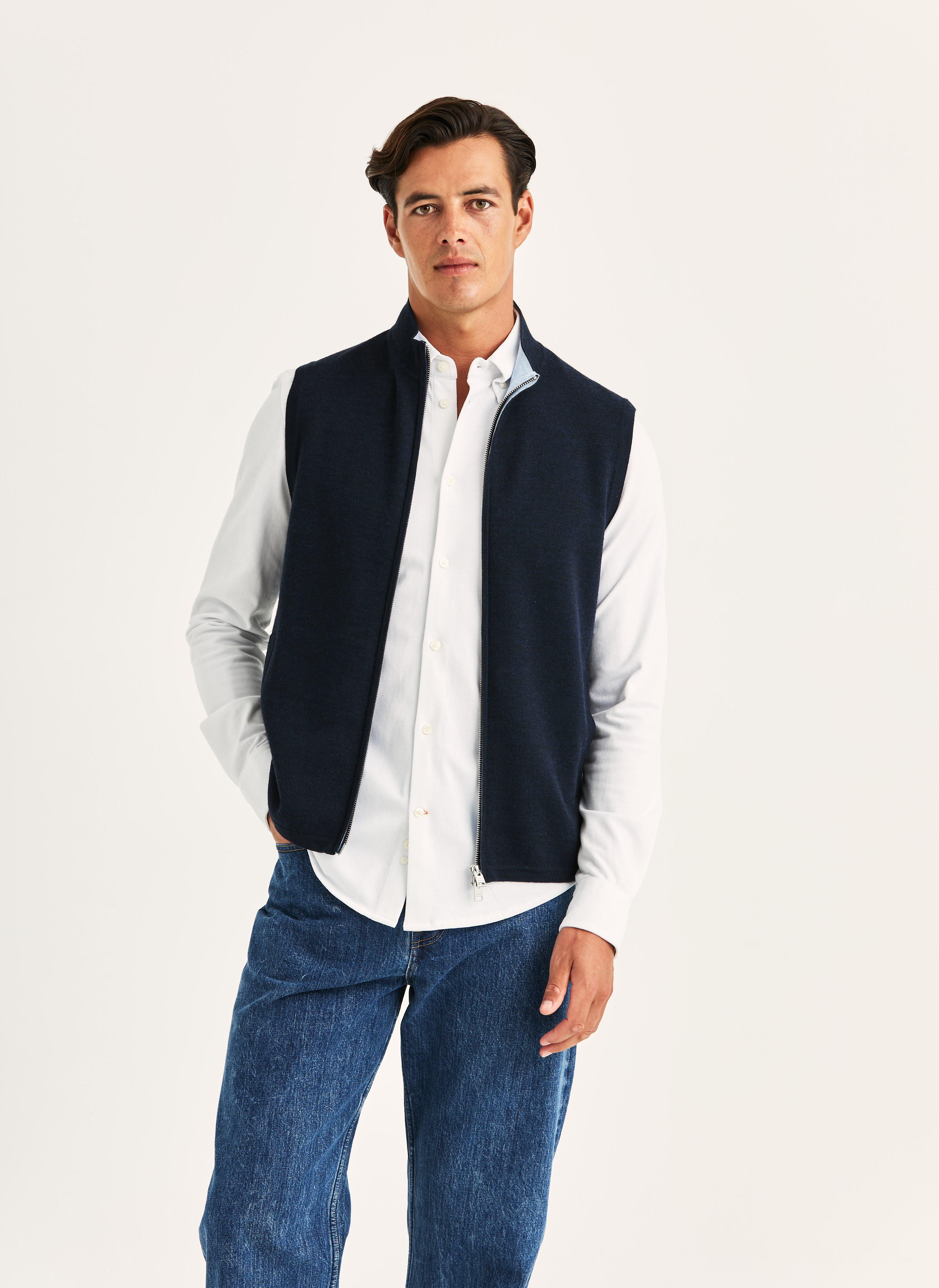 Morris Stockholm Merino Double Zip Vest Navy Wool XS
